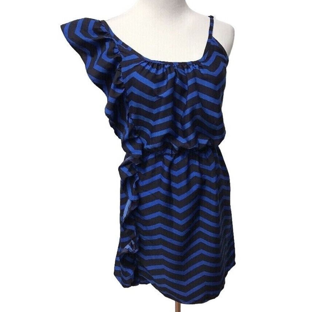 Envy Me Dress Womens Large Blouson Black Blue Striped Ruffle